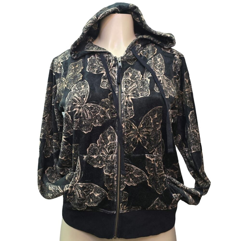 Johnny Was Hoodie Sweater Women XS Black Velour Butterfly Full Zip Bohemian Boho